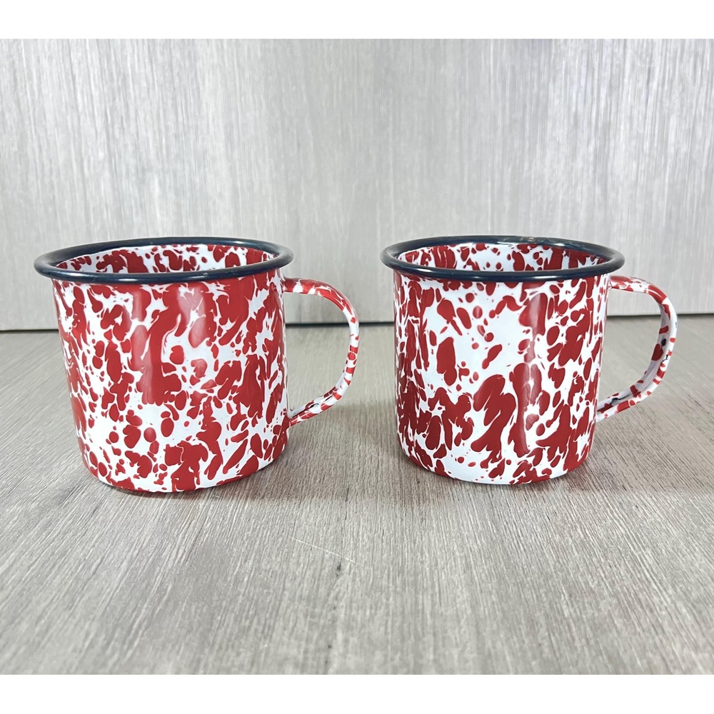 Vintage Red Enamelware Splatter Mugs Set of 2 Black Rim Cabin Farmhouse Camp